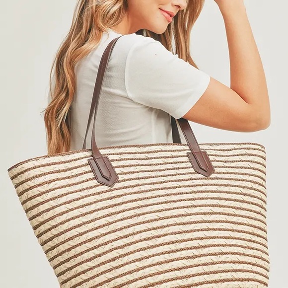 Handbags - Woven Straw Stripe Tote Bag with Brown Handles